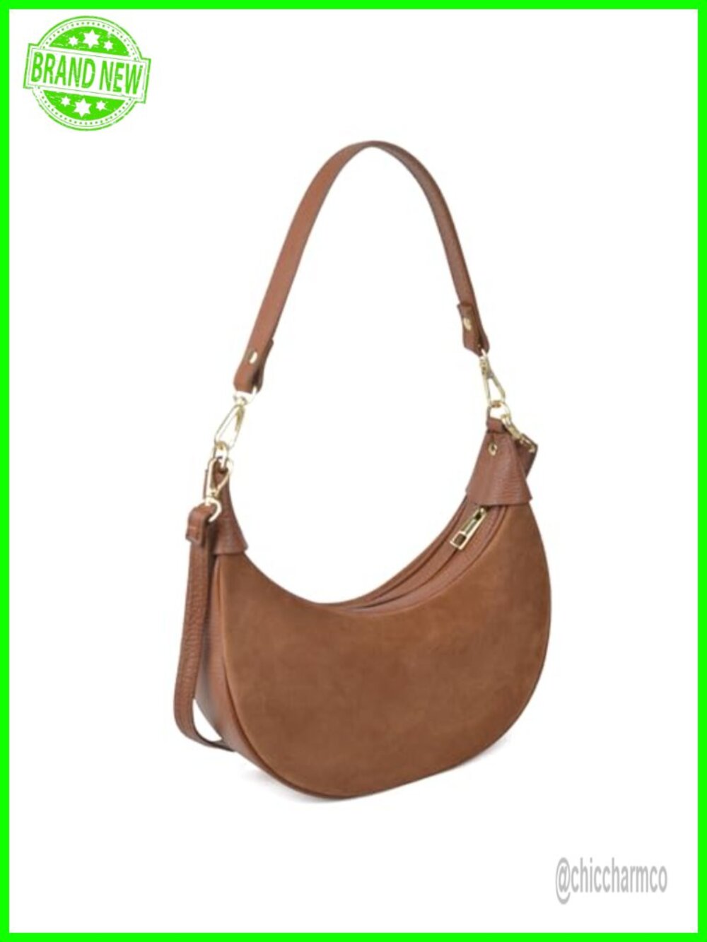 Genuine Leather Crescent Hobo Bag with 2 Straps Convertible Crossbody Purse